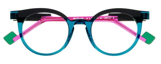 Anne et Valentin Level eyeglasses in blue and pink acetate showing Toulouse color theory in independent eyewear