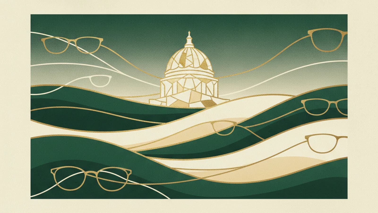 Abstract editorial illustration of Bismarck eyewear scene