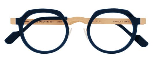Blue and gold acetate eyeglasses showing color theory in eyewear and how to choose frames for your skin tone