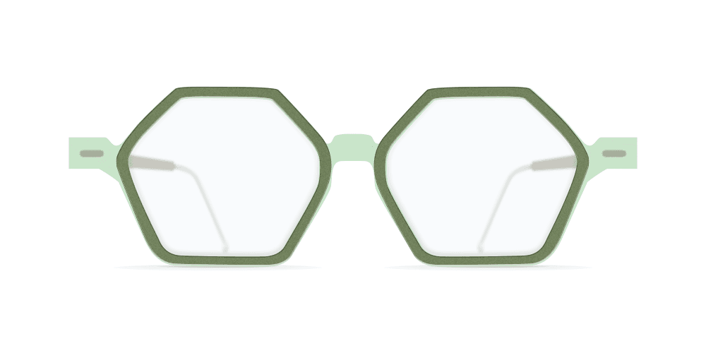 Nina Mur Ziggy eyeglasses in Caribbean green showing the Madrid-crafted sculptural eyewear the brand is known for