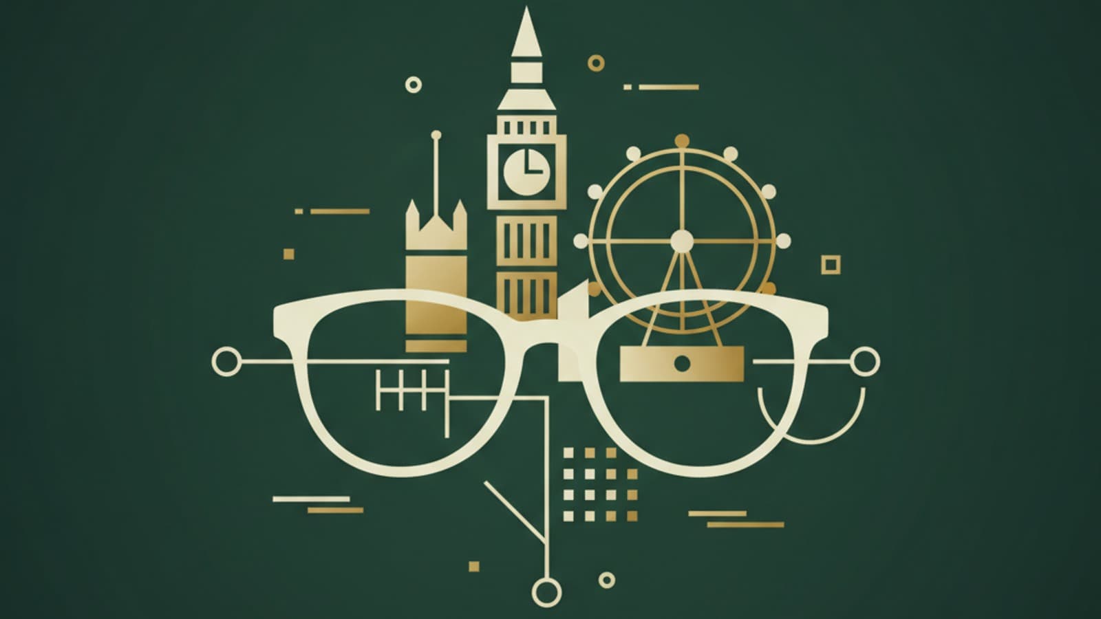 Abstract illustration of the London skyline with eyewear motif, dark green and gold palette