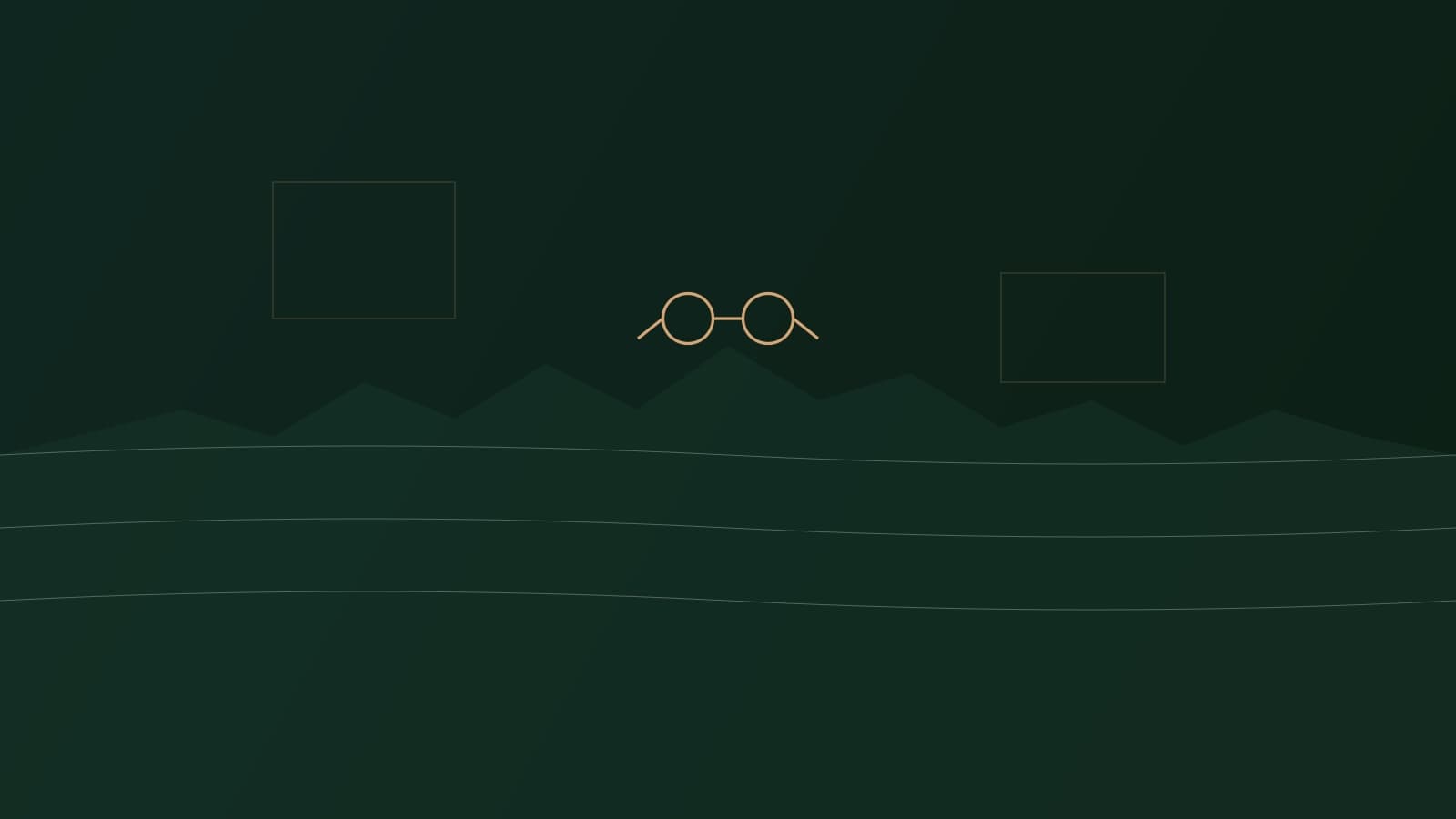 Minimalist Midwest skyline and lake illustration with understated eyewear silhouette, dark green and gold palette