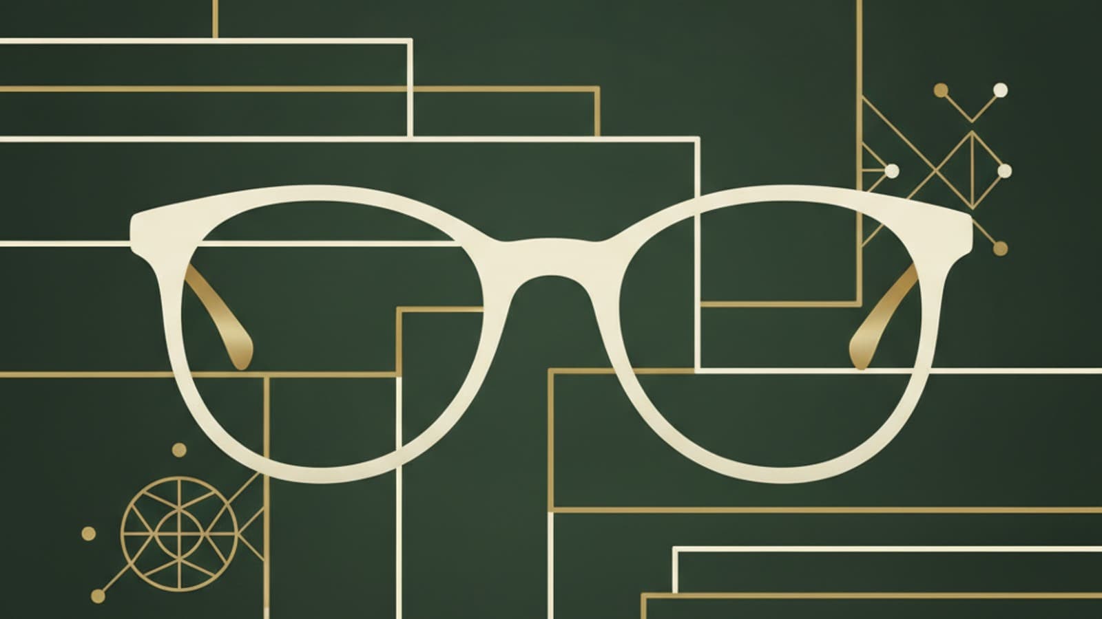 Abstract minimalist illustration of eyewear with Scandinavian geometric building lines, dark green and gold palette