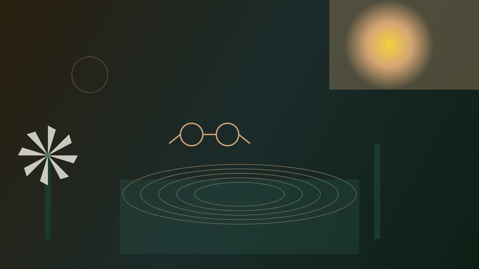 Abstract mid-century desert illustration with palm silhouettes, pool motif, and eyewear graphic