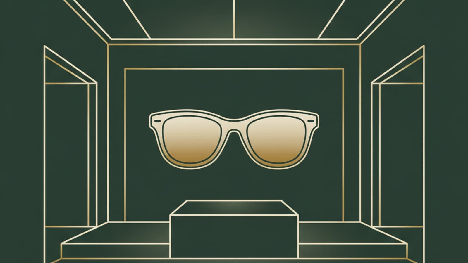Abstract minimalist gallery-space illustration with eyewear display motif, dark green and gold palette