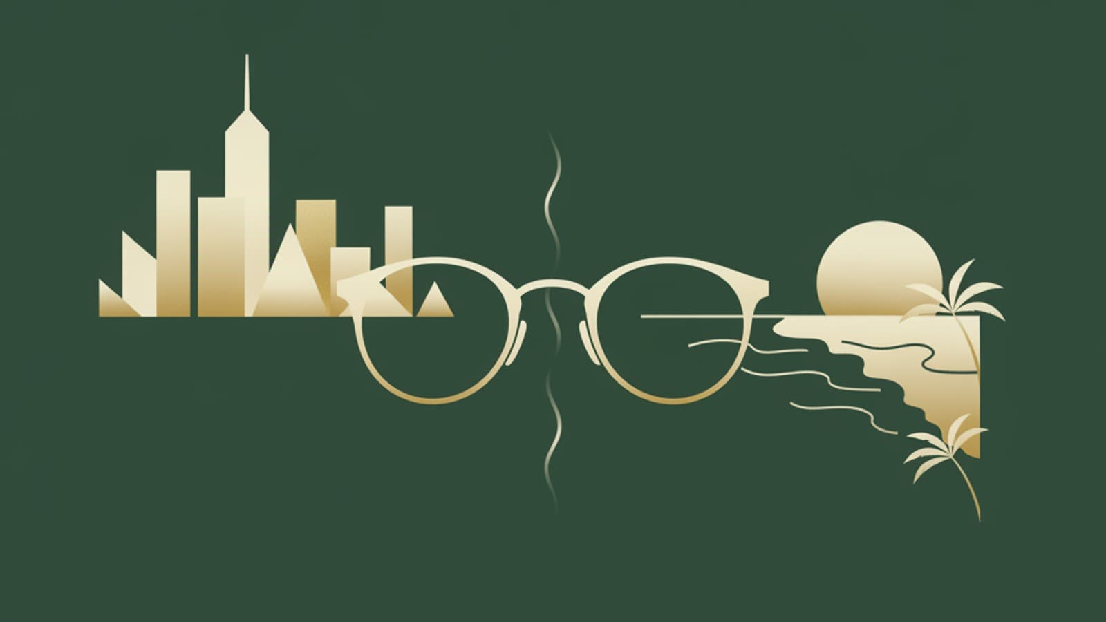 Abstract dual-coast illustration of New York and California with eyewear motif, dark green and gold palette