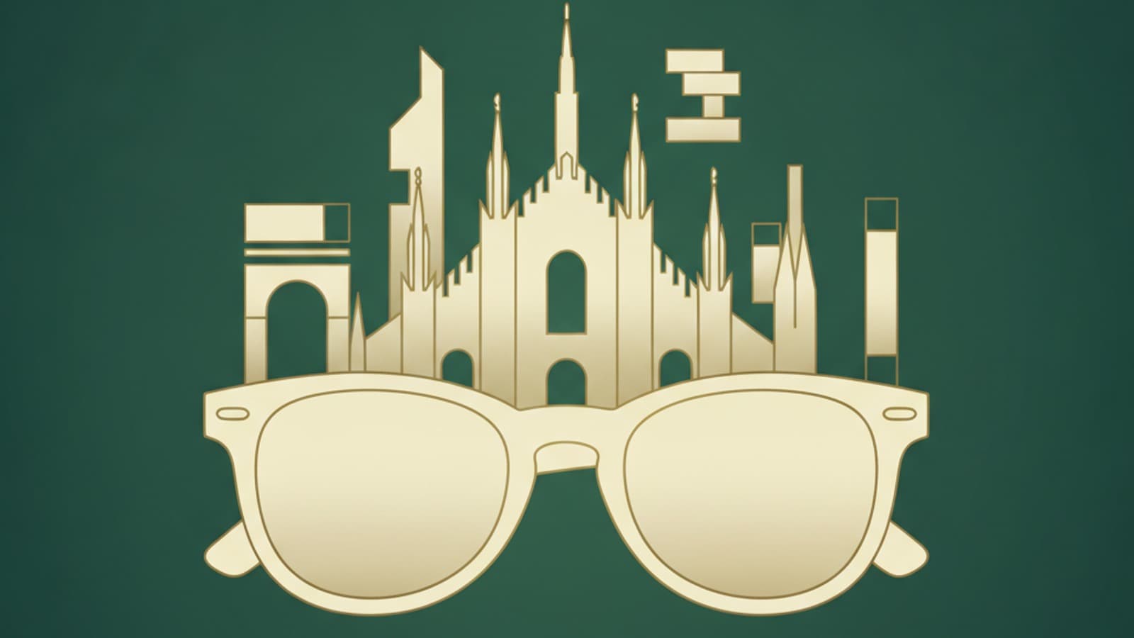 Abstract illustration of the Milan skyline with eyewear motif, dark green and gold palette