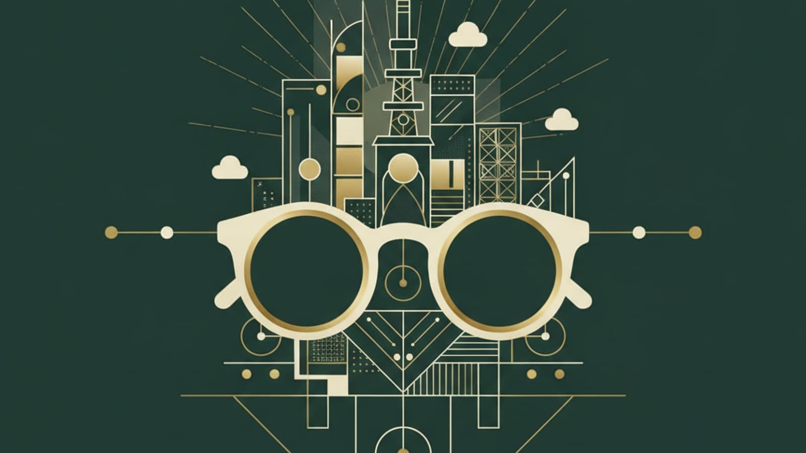 Abstract modern Tokyo skyline illustration with eyewear motif, dark green and gold palette