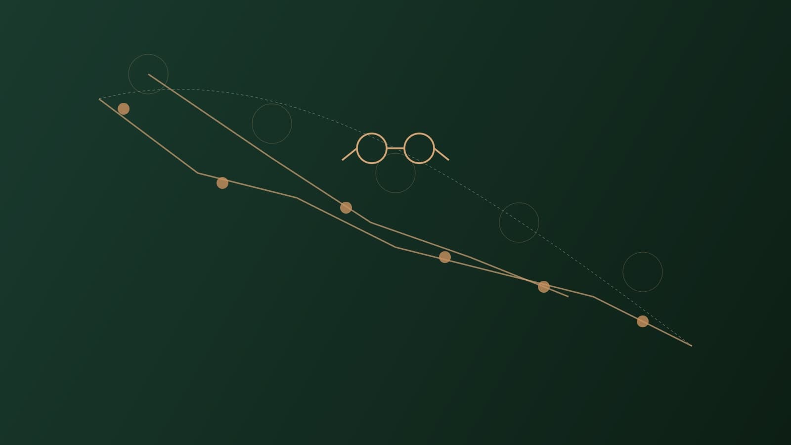 Abstract East Coast route map illustration with connected city nodes and eyewear silhouette, dark green and gold palette
