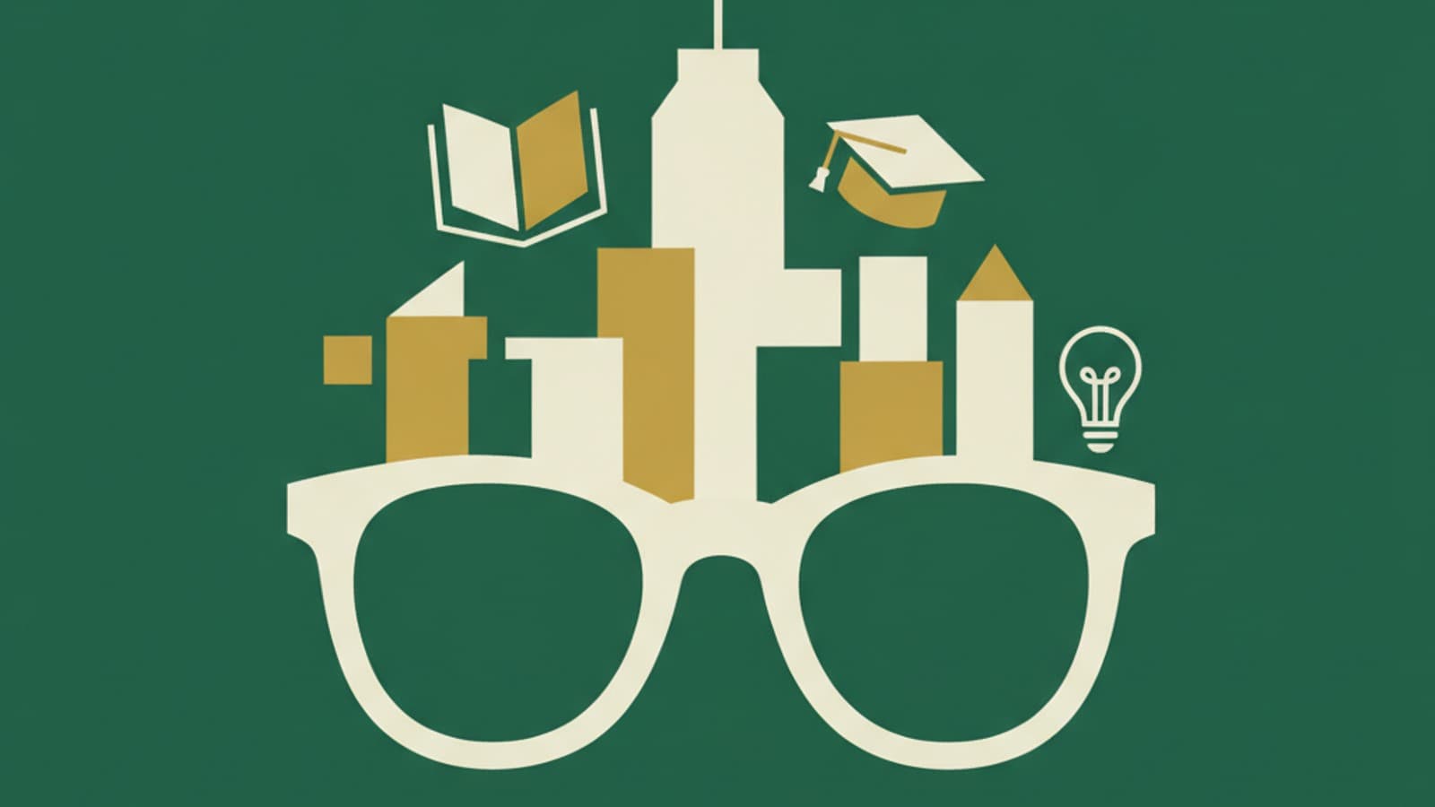 Abstract illustration of the Atlanta skyline with eyewear motif, dark green and gold palette