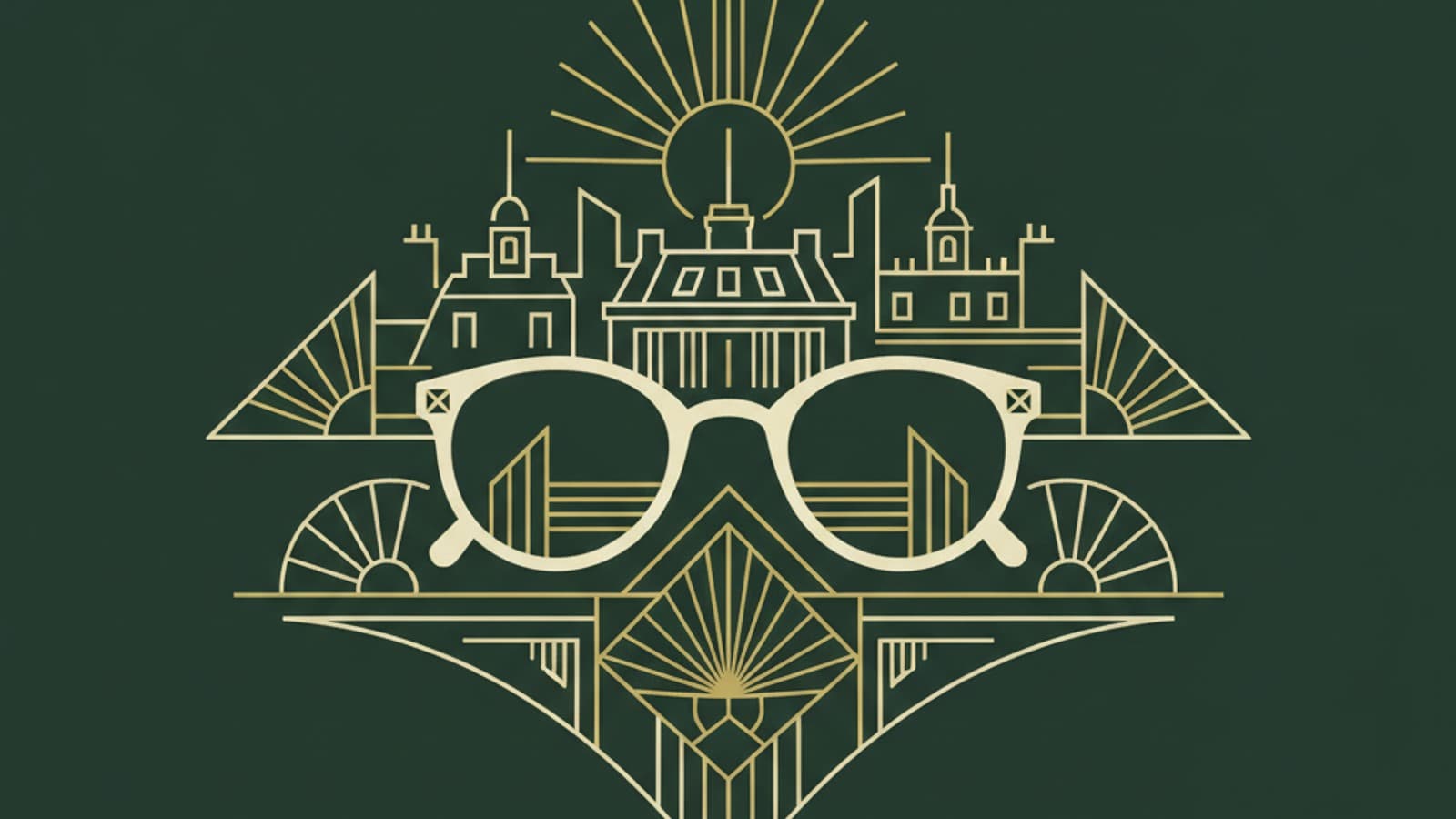 Abstract illustration of Parisian architecture with eyewear motif, dark green and gold palette