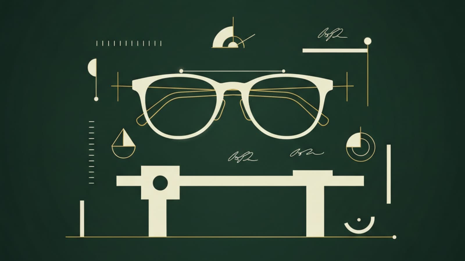 Abstract craftsman-workshop illustration with eyewear artisan motif, dark green and gold palette