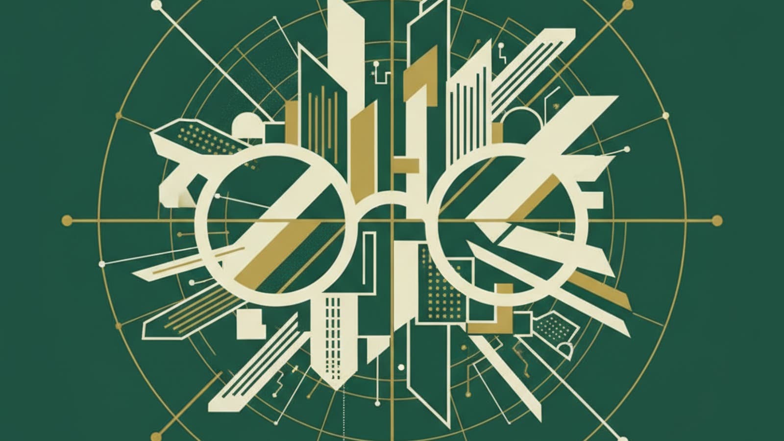Abstract illustration of North American skylines with eyewear and connectivity motifs, dark green and gold palette